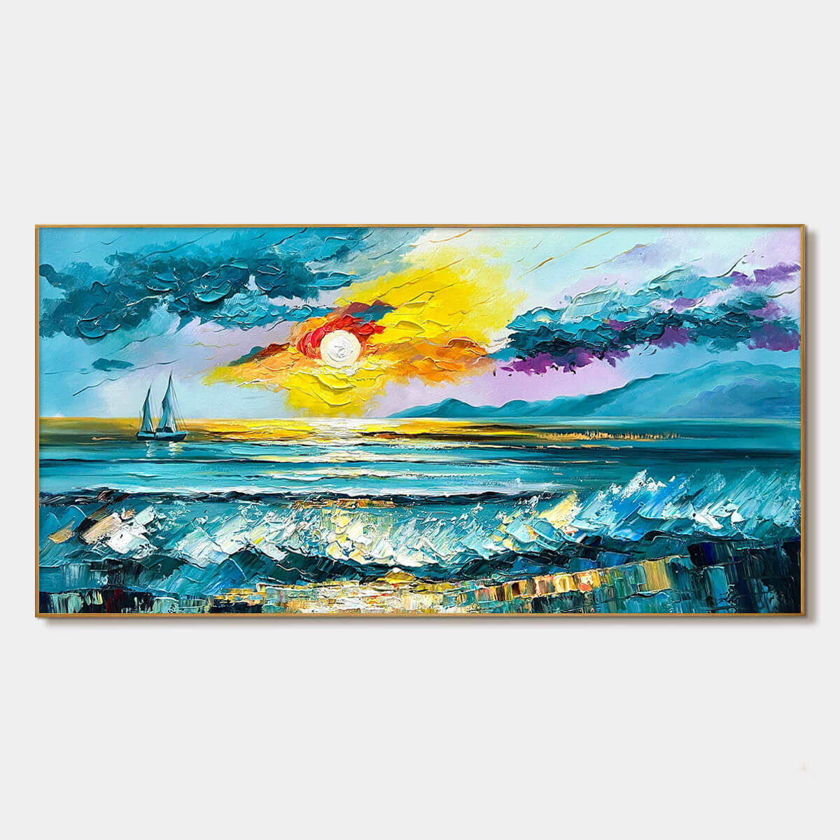 Golden Horizon: Vibrant Sunset Seascape Oil Painting Canvas Wall Art Decor