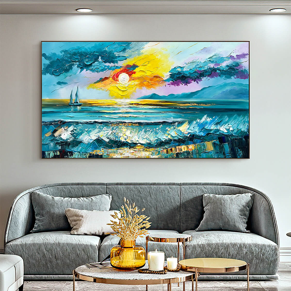 Golden Horizon: Vibrant Sunset Seascape Oil Painting Canvas Wall Art Decor