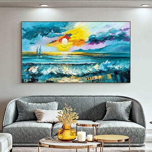 Golden Horizon: Vibrant Sunset Seascape Oil Painting Canvas Wall Art Decor