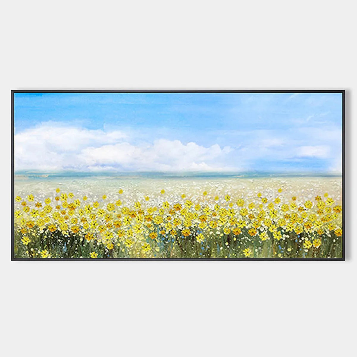 GOLDEN HOUR BLOOM: Panoramic Landscape Oil Painting with Yellow Wildflowers and Blue Sky