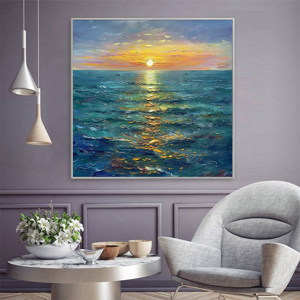 Golden Hour: Original Textured Sunset Seascape Oil Painting - Ocean Sunset Wall Art