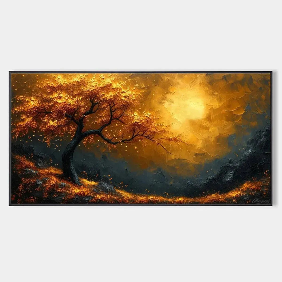 GOLDEN HOUR: Textured Tree Painting, Impasto Wall Art, Panoramic Canvas, Landscape Decor