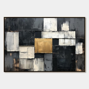 Golden Intersection: Original Textured Abstract Oil Painting - Black White Gold Grey Horizontal Geometric Wall Art