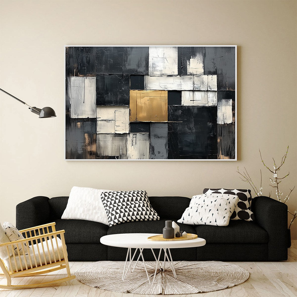 Golden Intersection: Original Textured Abstract Oil Painting - Black White Gold Grey Horizontal Geometric Wall Art