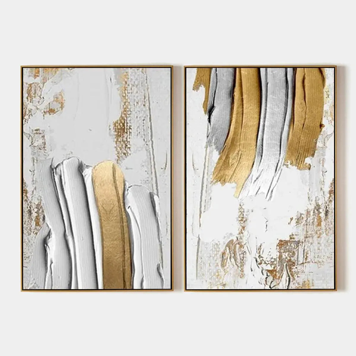 Golden Lines Diptych: Textured abstract wall art set of 2, vertical gold and silver impasto painting.
