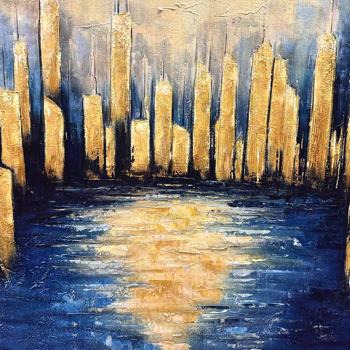 Golden Metropolis: Original Panoramic Cityscape Oil Painting - Gold and Blue City Wall Art
