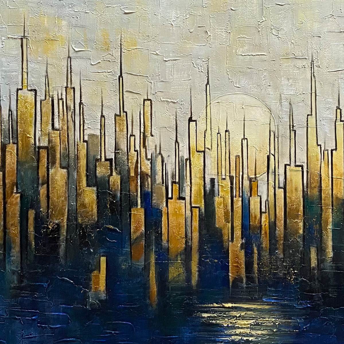 GOLDEN METROPOLIS: Textured Cityscape Oil Painting