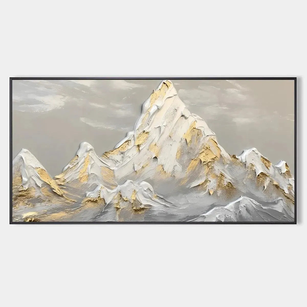 Original textured impasto modern wall art: Golden Peaks mountain painting in gold and grey.
