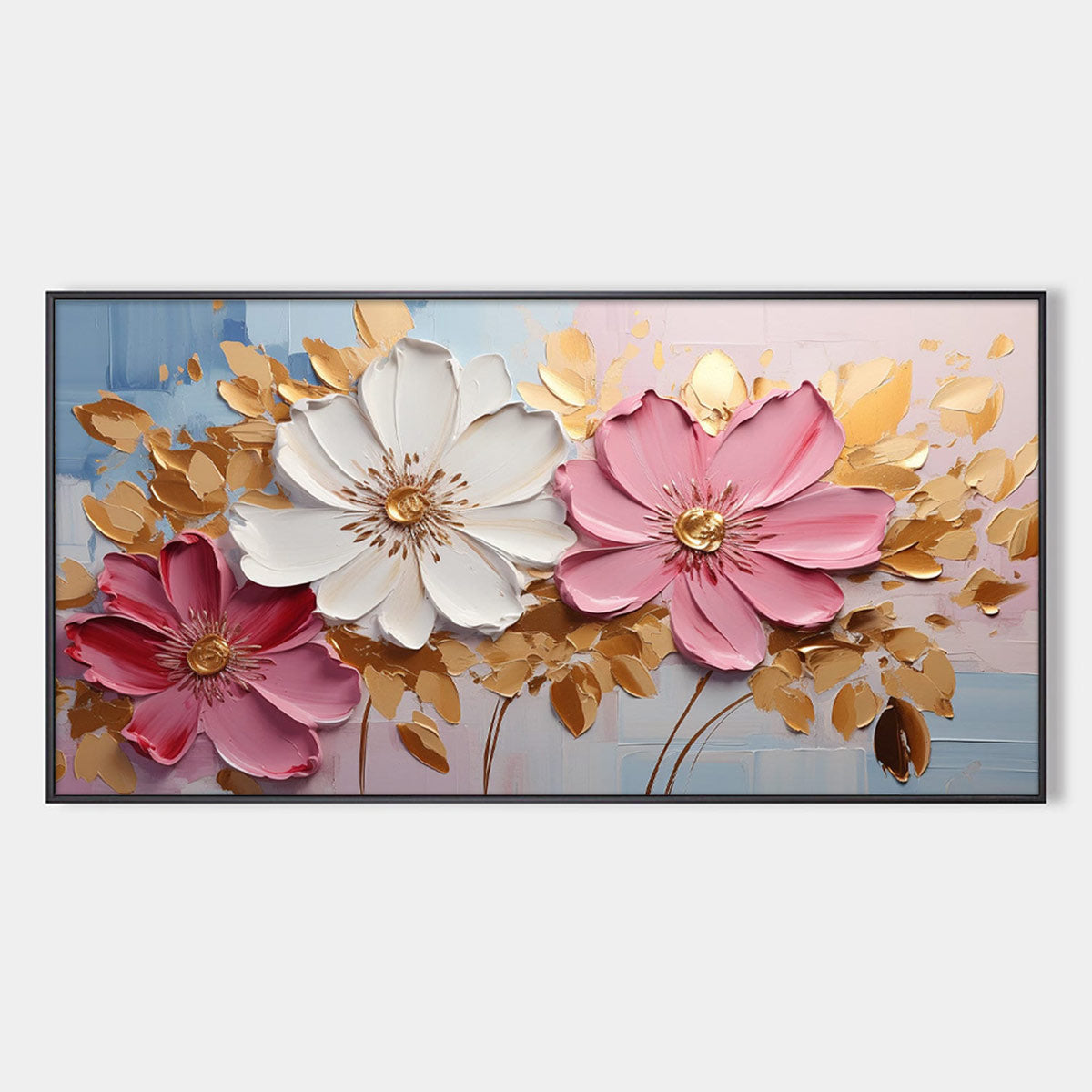 Golden Petals: Original Textured Panoramic Floral Oil Painting - Pink White Gold Flower Wall Art