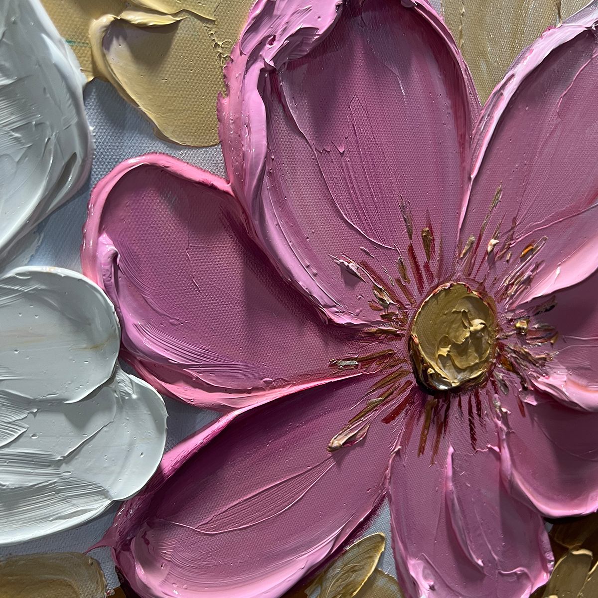 GOLDEN PETALS: Textured Panoramic Floral Oil Painting