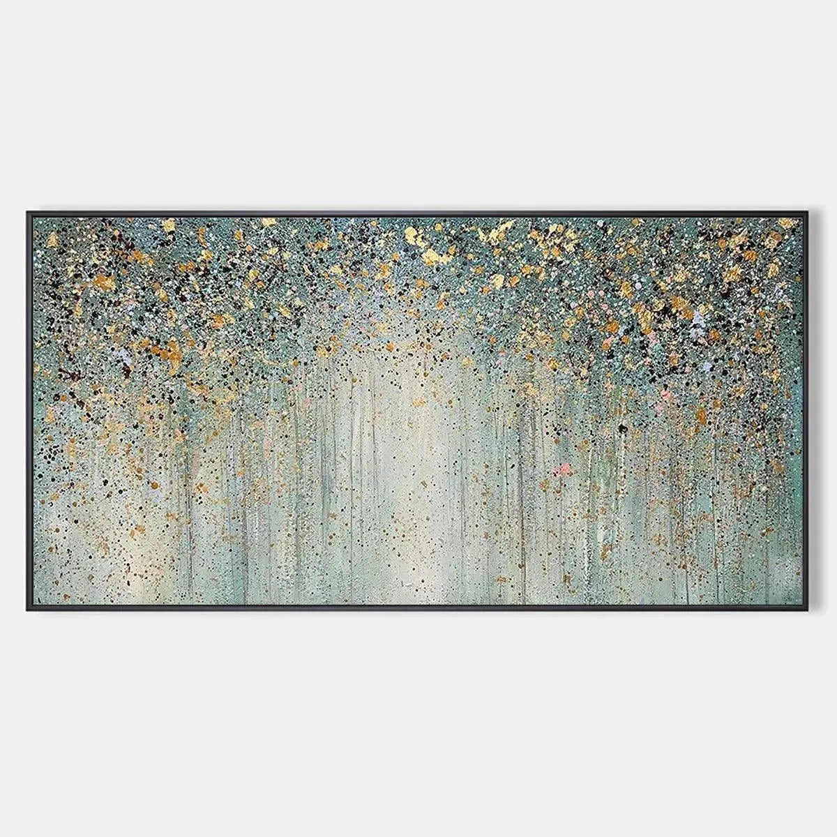 GOLDEN RAIN: Textured abstract painting with gold flecks on teal-green background by Willow Davies. Horizontal art.