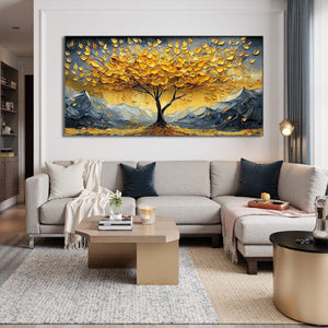 Golden Resilience: Original Textured Landscape Oil Painting - Golden Tree Wall Art