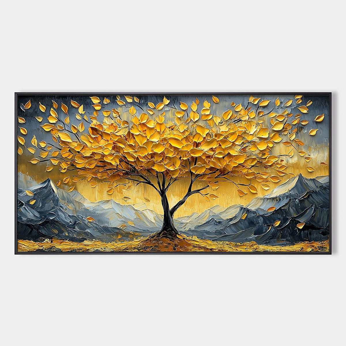 Golden Resilience: Original Textured Landscape Oil Painting - Golden Tree Wall Art
