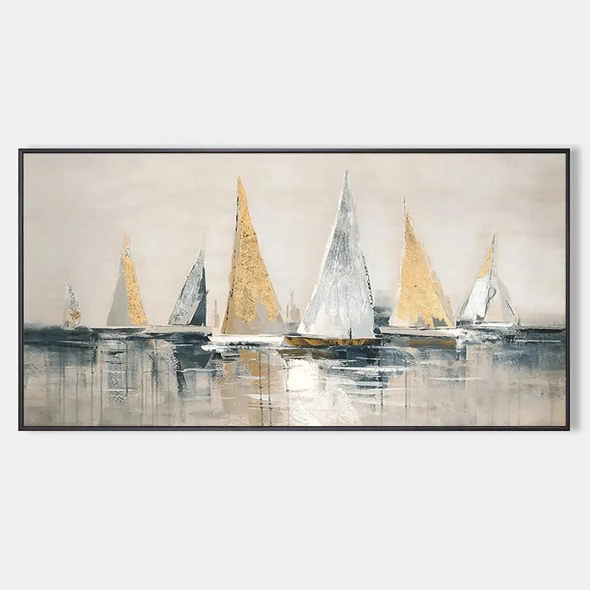 Golden Sailboats textured seascape by Isabella Rossi, featuring gold and silver sailboats, horizontal wall art.