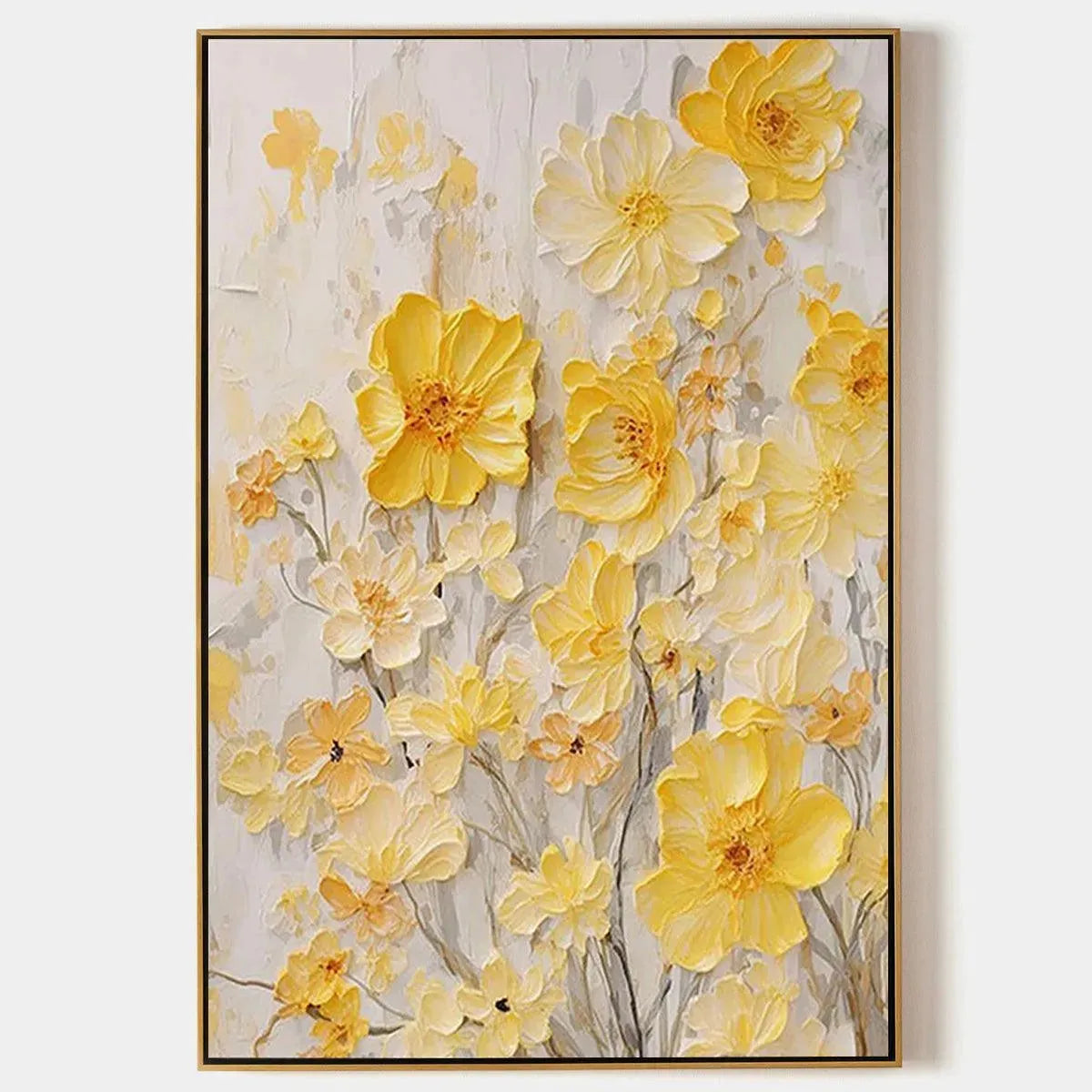 Golden Sunflowers textured impasto floral painting with vibrant yellow blooms, gold frame