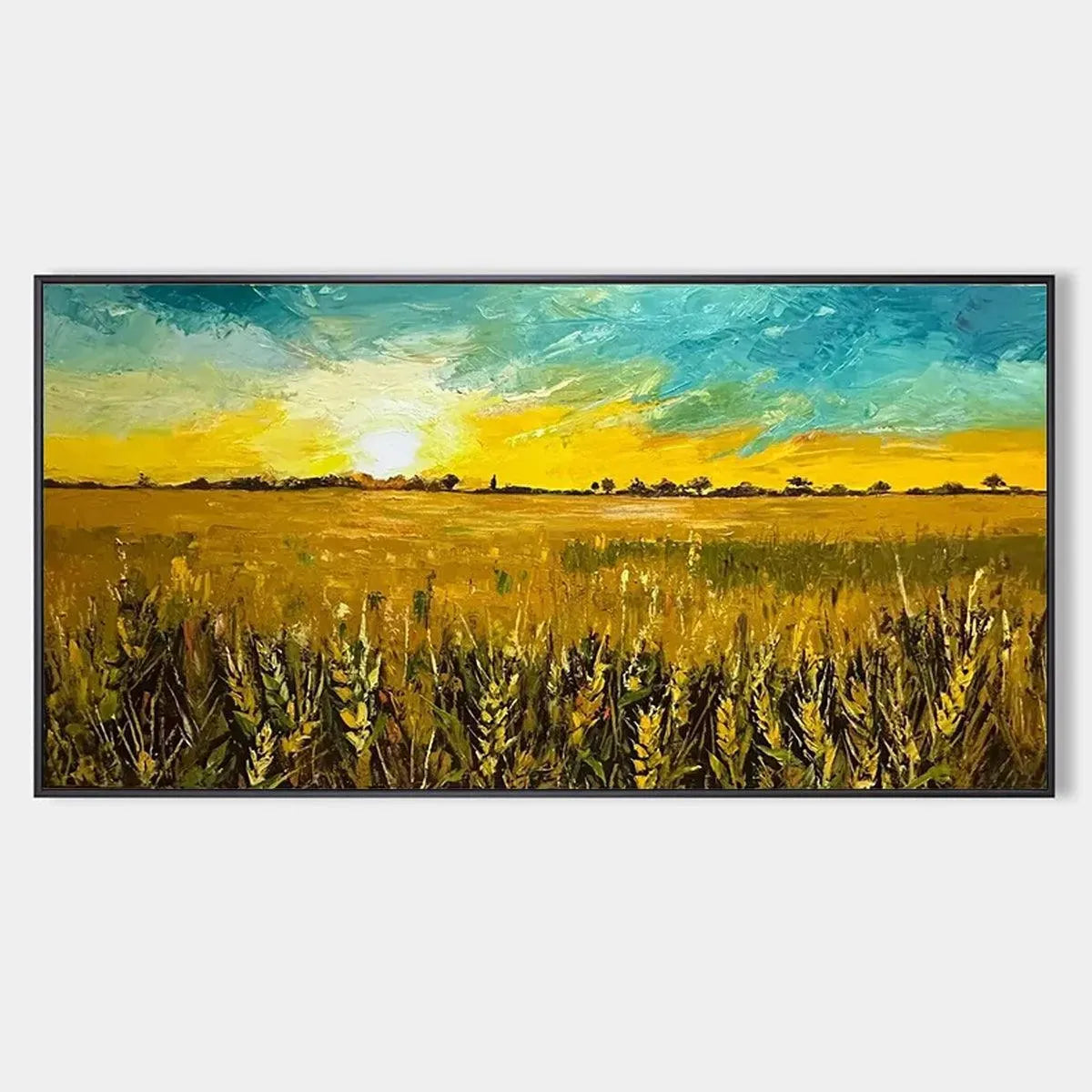 Isabella Rossi's Golden Sunset Field, landscape painting of wheat field at sunset, framed original artwork