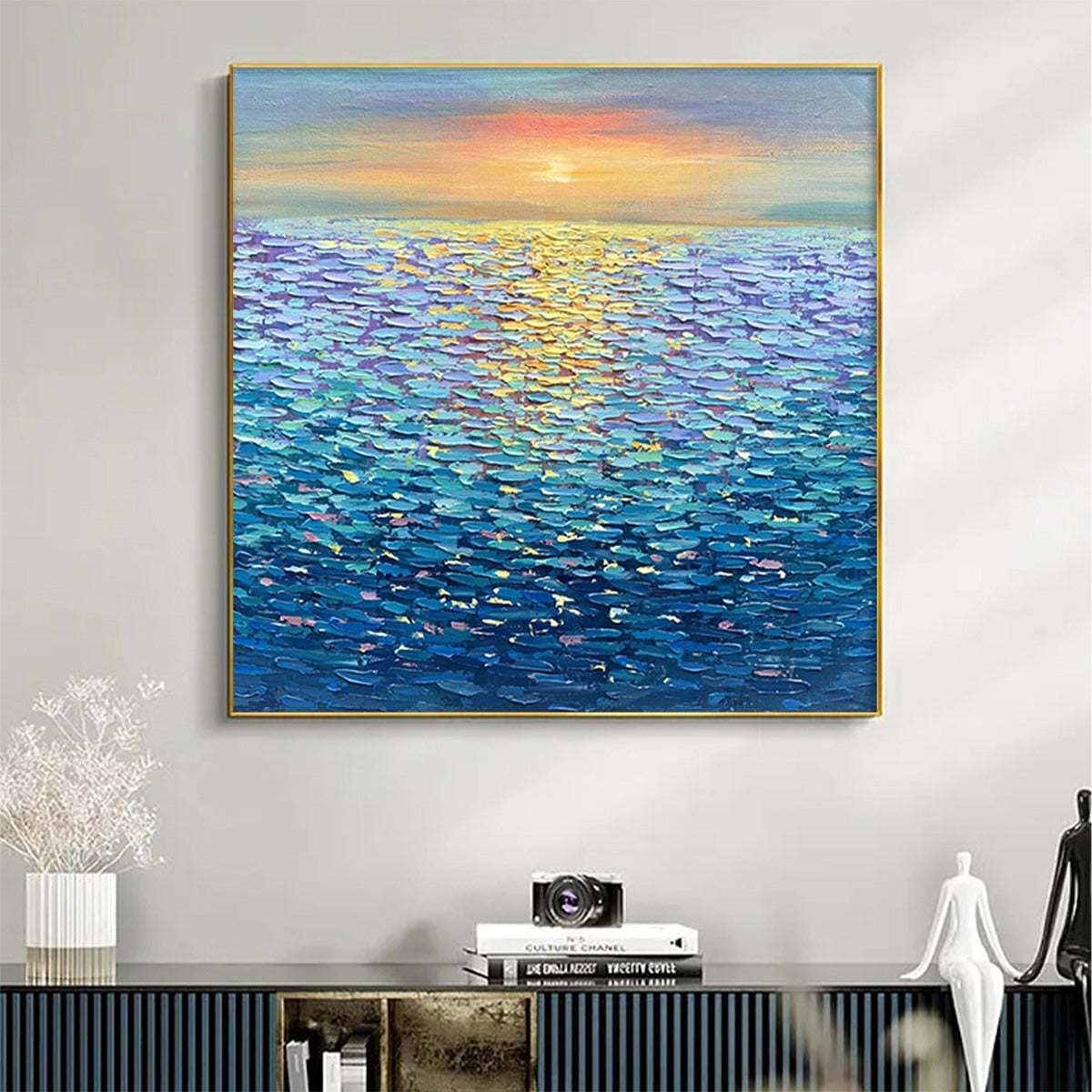 Golden Sunset Over Water: Square Textured Seascape Painting | Palette Knife Ocean Sunset | Blue | Living Room & Bedroom