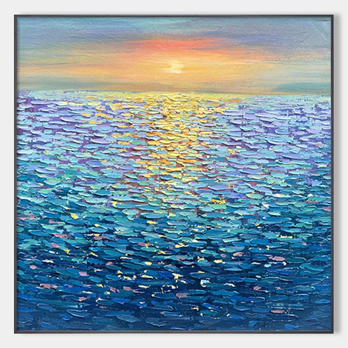 Golden Sunset Over Water: Square Textured Seascape Painting | Palette Knife Ocean Sunset | Blue | Living Room & Bedroom
