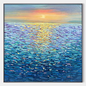 Golden Sunset Over Water: Square Textured Seascape Painting | Palette Knife Ocean Sunset | Blue | Living Room & Bedroom