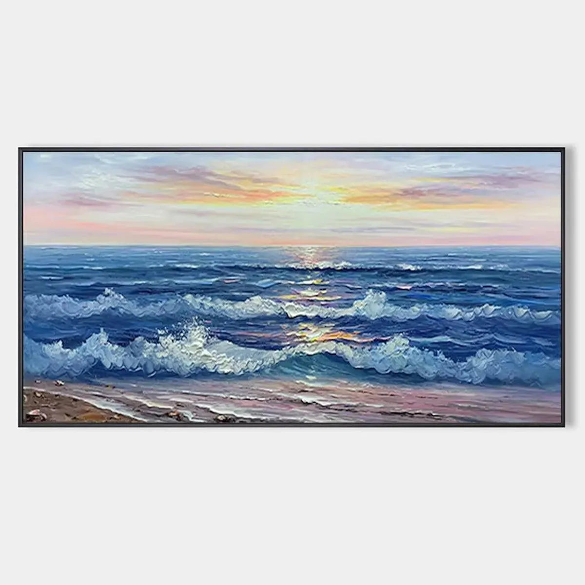 Golden Sunset Serenade panoramic oil painting: vibrant ocean sunset, textured blue waves, colorful sky.