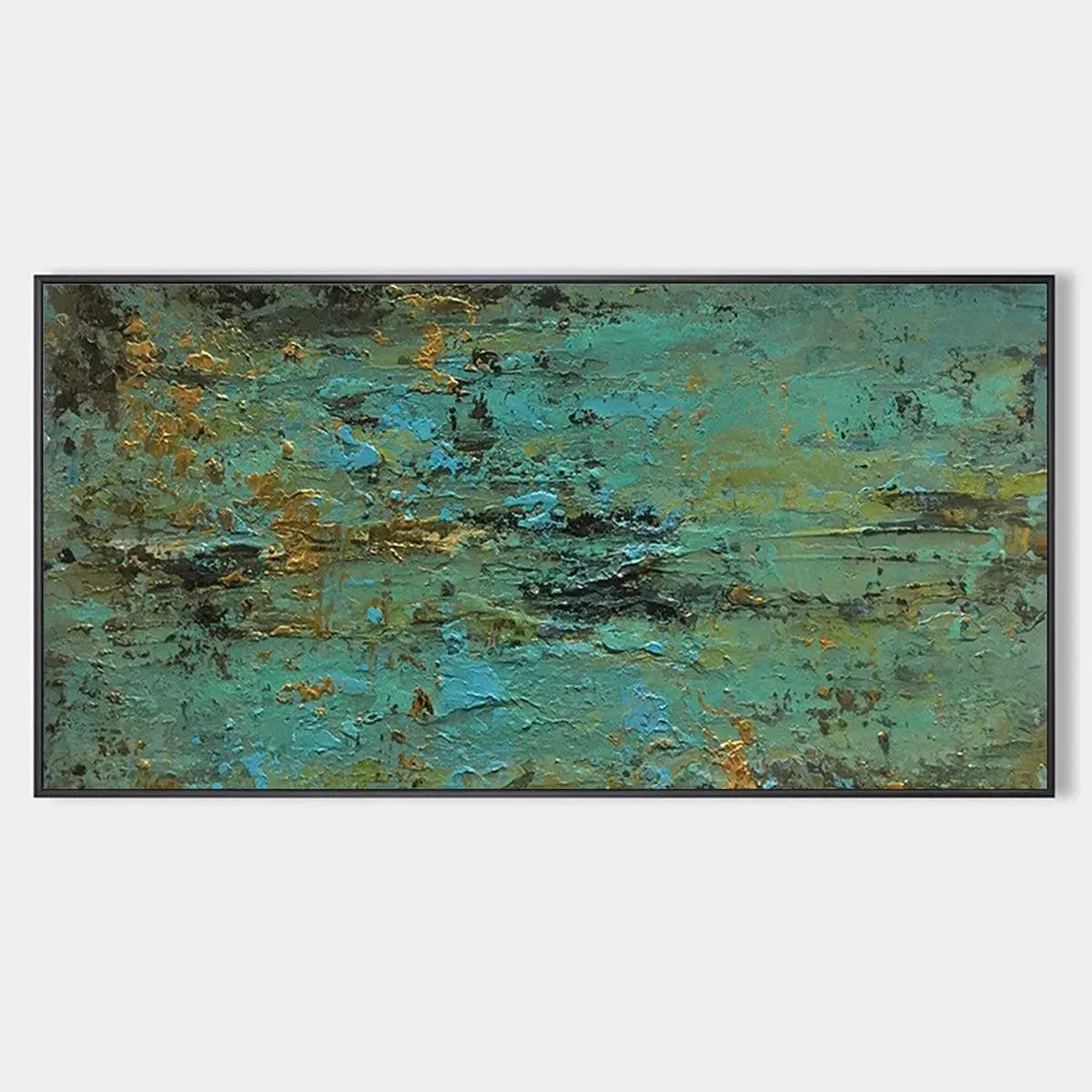GOLDEN TIDE textured abstract painting in teal and gold by Willow Davies, horizontal canvas art for living room or office.