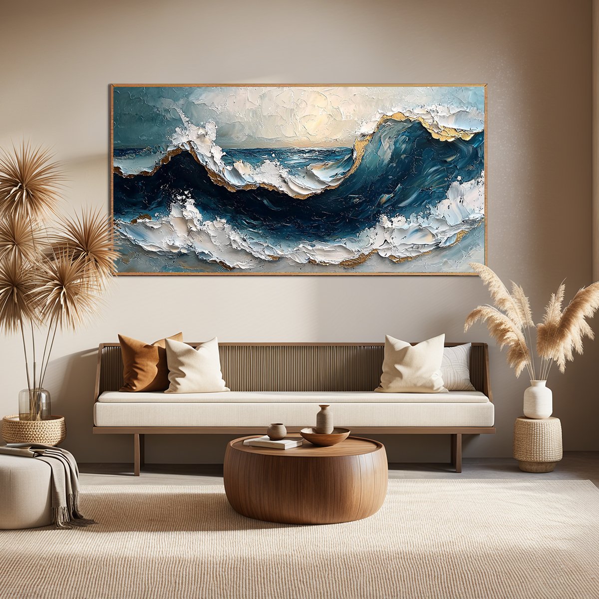 Golden Tide: Original Textured Impasto Ocean Wave Oil Painting - Blue and Gold Seascape Wall Art