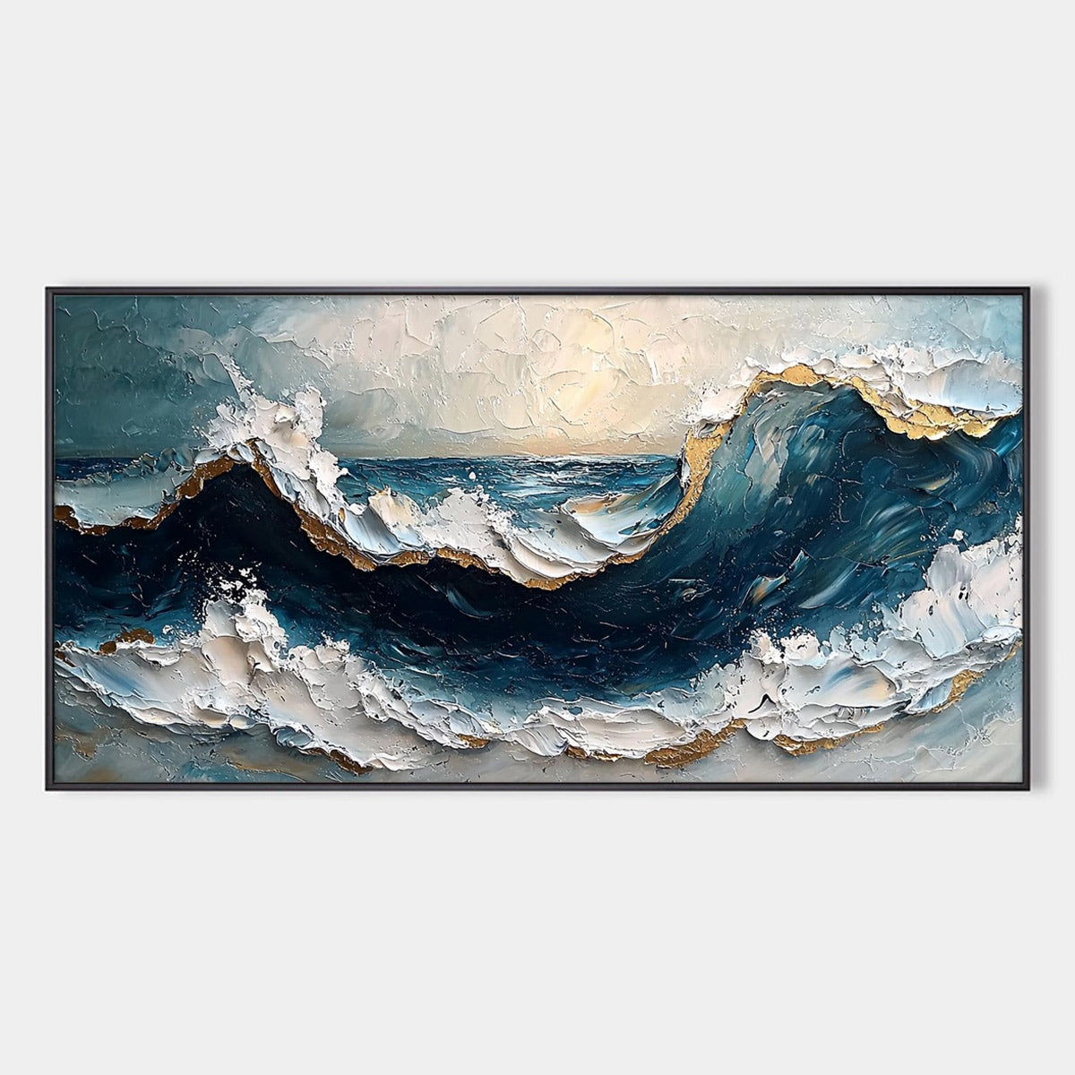 Golden Tide: Original Textured Impasto Ocean Wave Oil Painting - Blue and Gold Seascape Wall Art