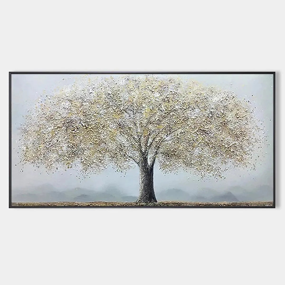 Golden Tree painting by Javier Ramirez, gold and grey textured art, MontCarta. Modern artwork for sophisticated home decor.
