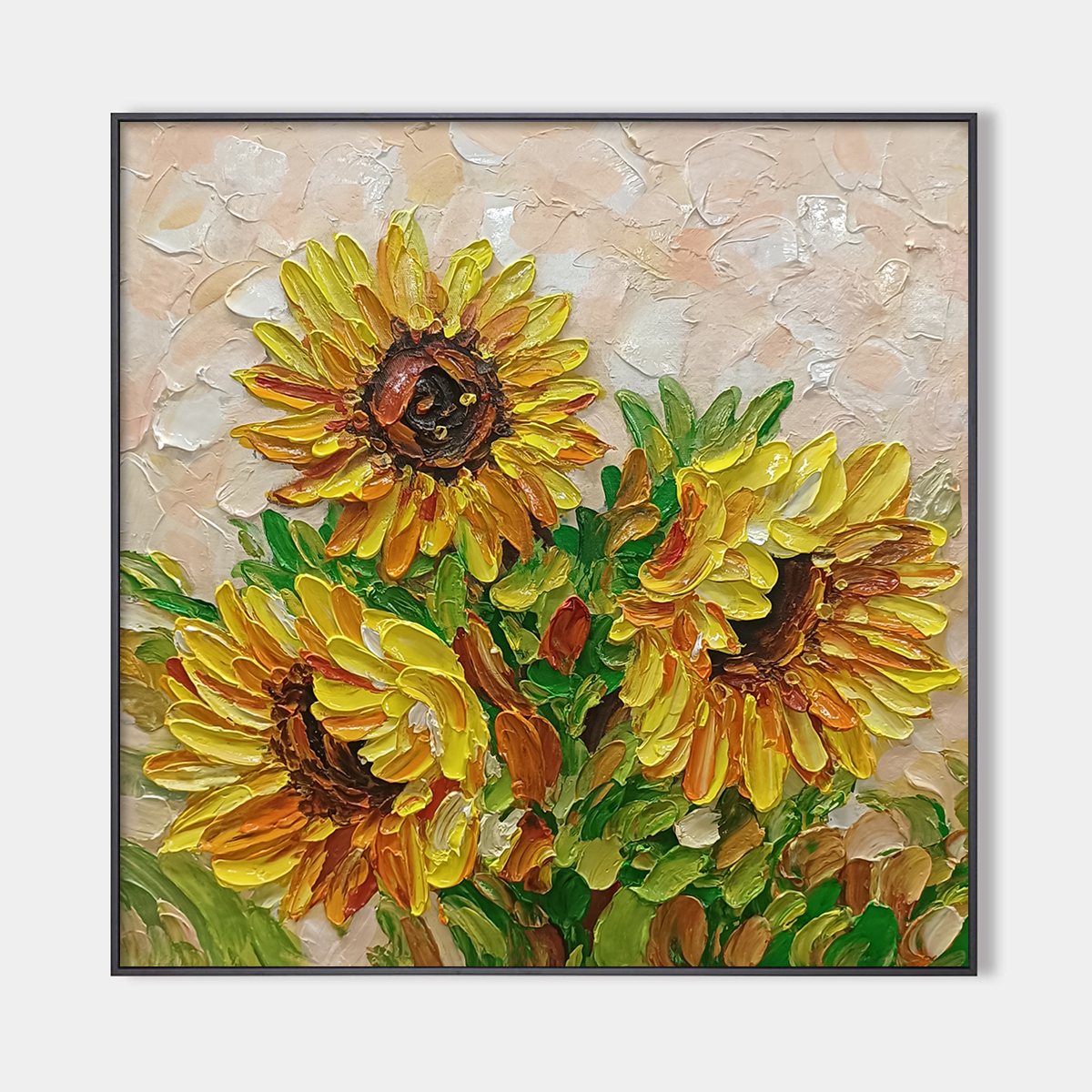 Golden Trio: Impasto Sunflower Oil Painting Canvas Wall Art Decor in Vibrant Yellow