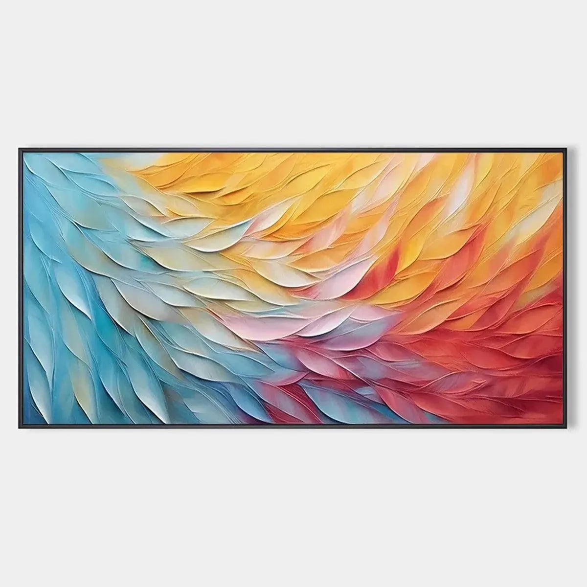Golden Waves textured abstract painting, horizontal wall art with impasto brushstrokes in blues, pinks, yellows and oranges.