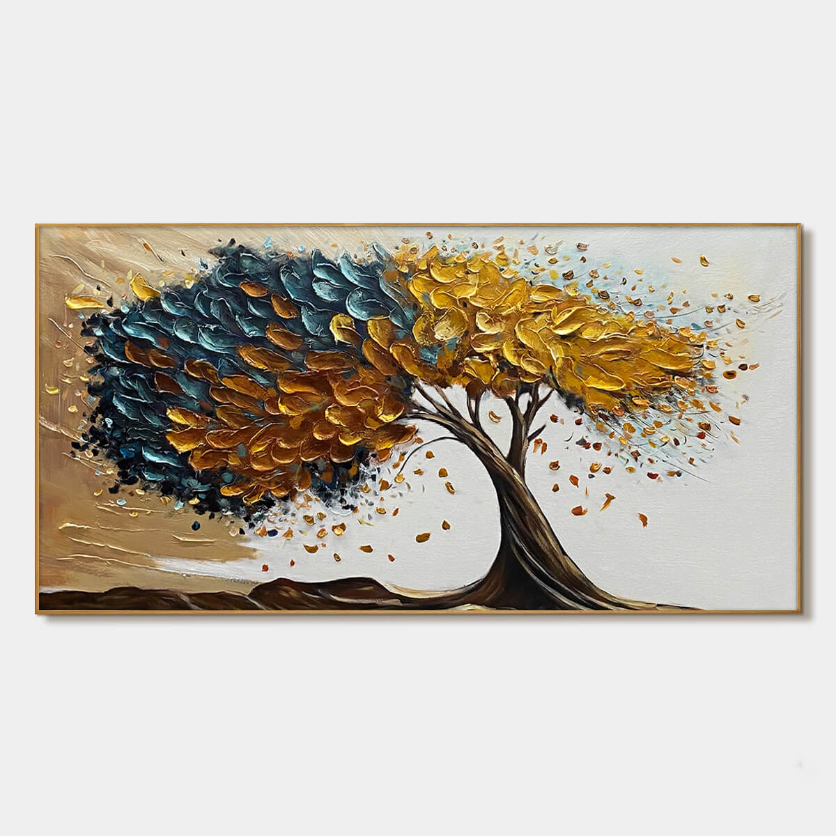 Golden Whispers: Textured Abstract Tree Oil Painting Canvas Wall Art