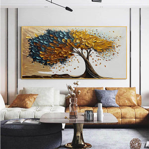 Golden Whispers: Textured Abstract Tree Oil Painting Canvas Wall Art