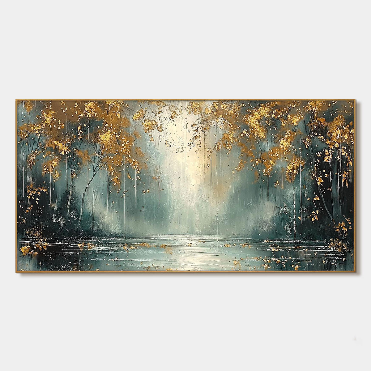 Golden Whispers: Original Forest Landscape Oil Painting - Gold Accents Wall Art Decor