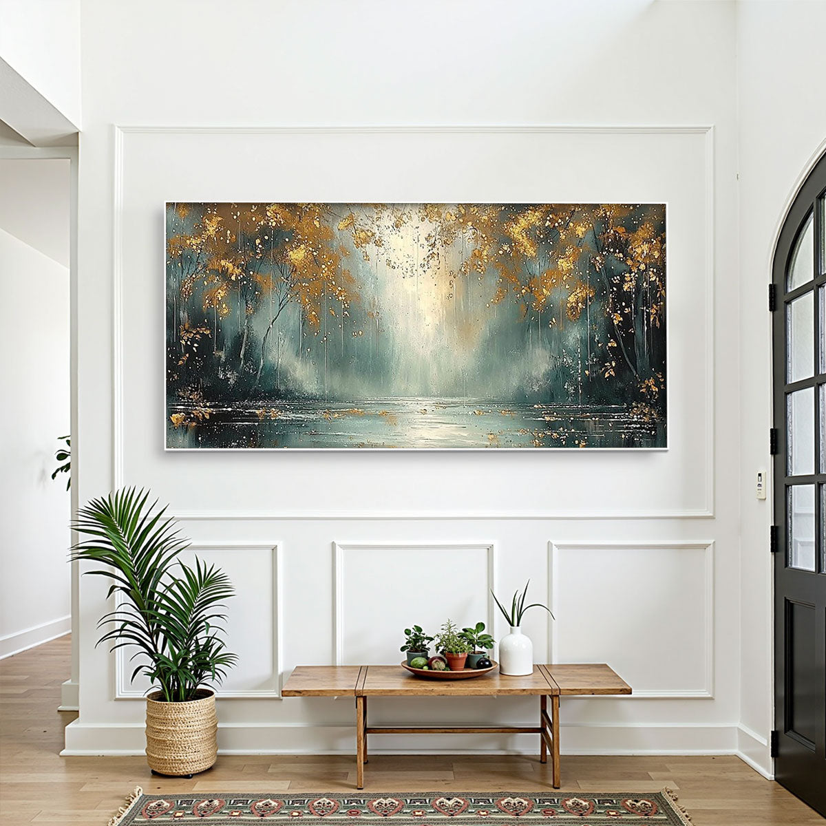 Golden Whispers: Original Forest Landscape Oil Painting - Gold Accents Wall Art Decor