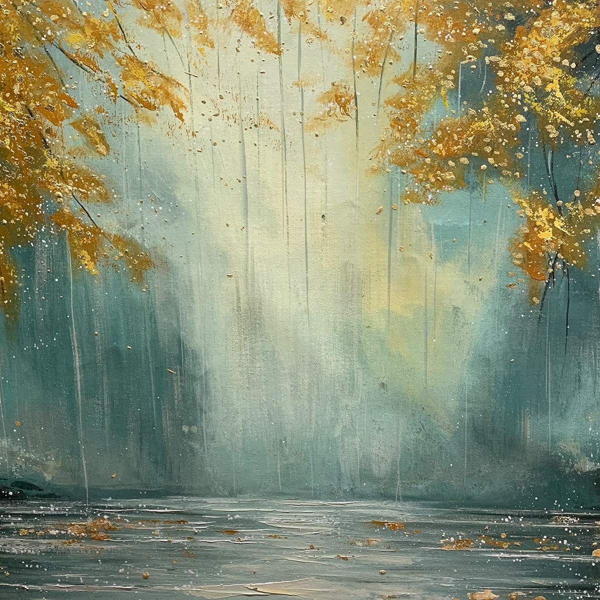 GOLDEN WHISPERS: Textured Forest Landscape Oil Painting with Gold Accents