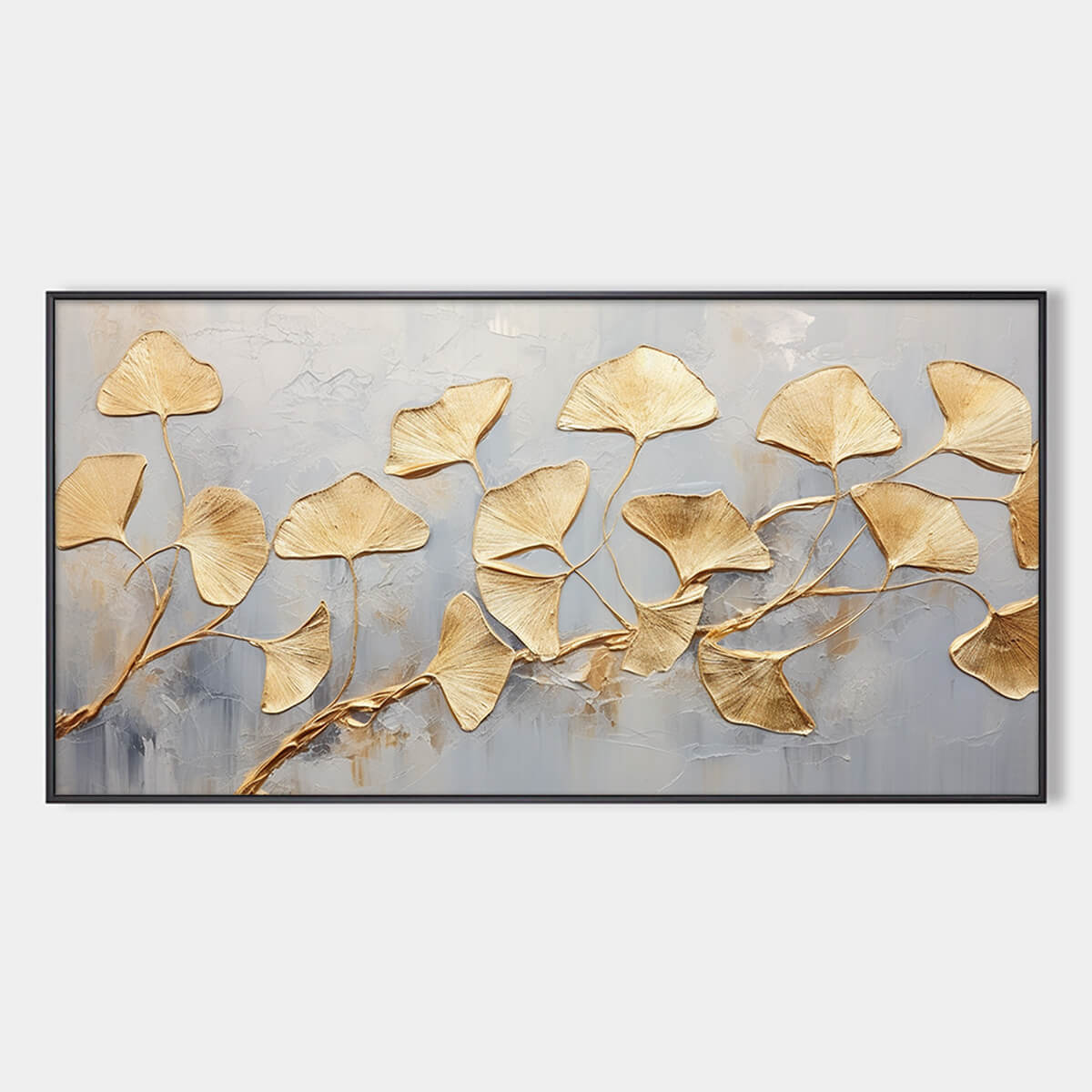 Golden Whispers: Textured Ginkgo Leaf Oil Painting Canvas Wall Art Decor in Gold