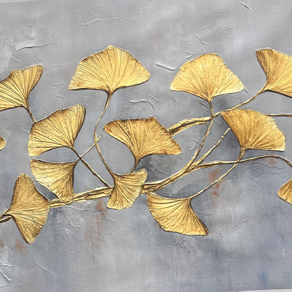 GOLDEN WHISPERS: Textured Ginkgo Leaf Oil Painting in Gold