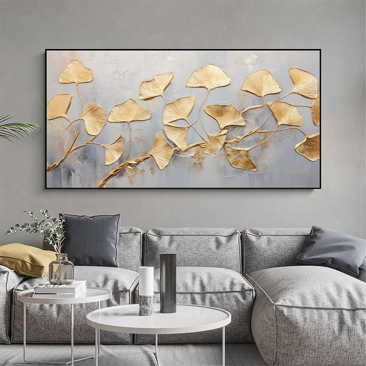 Golden Whispers: Textured Ginkgo Leaf Oil Painting Canvas Wall Art Decor in Gold