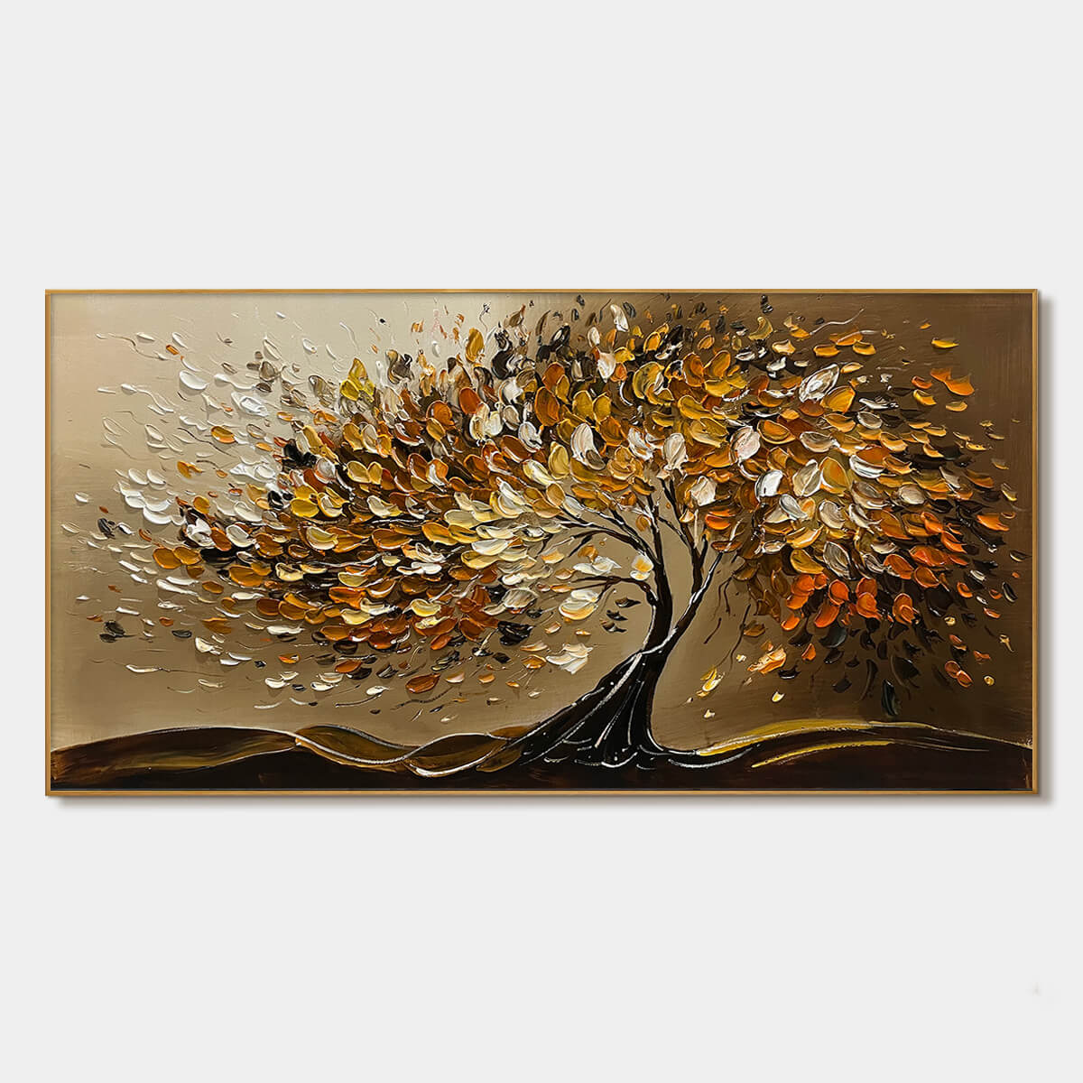 Golden Whispers: Textured Golden Tree Impasto Oil Painting Canvas Wall Art Nature Decor
