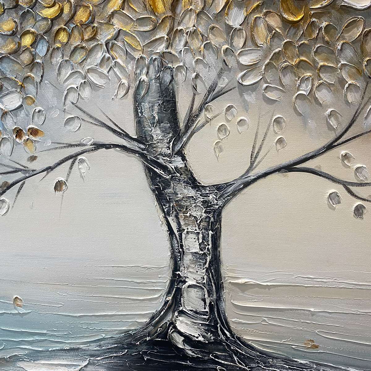 GOLDEN WHISPERS: Textured Tree Landscape Oil Painting