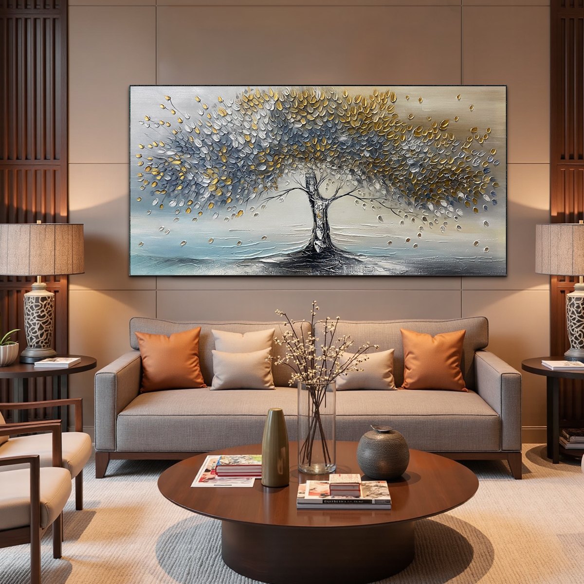Golden Whispers: Original Textured Tree Landscape Oil Painting - Nature Wall Art