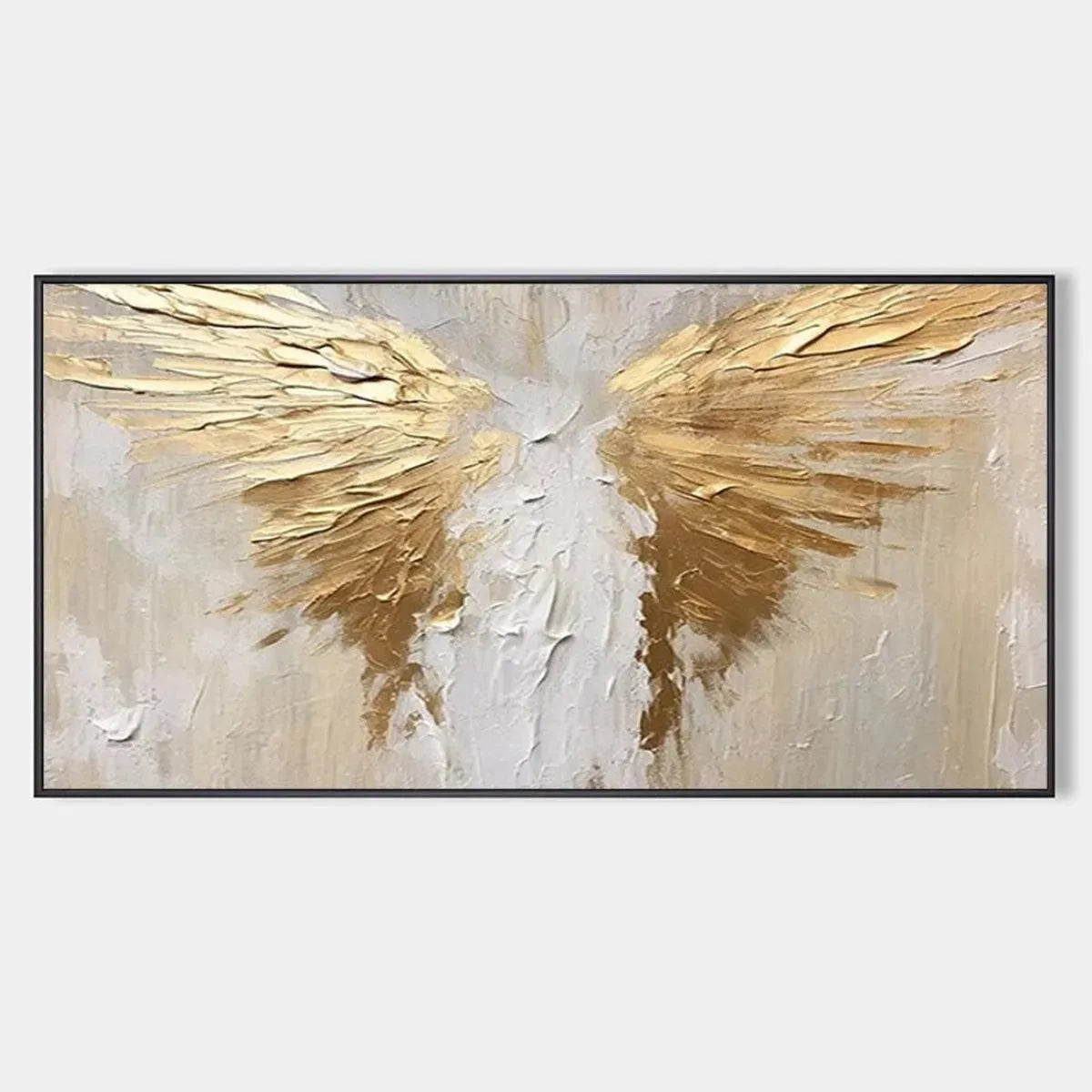 Textured abstract painting of golden wings on beige background, panoramic canvas art for modern decor