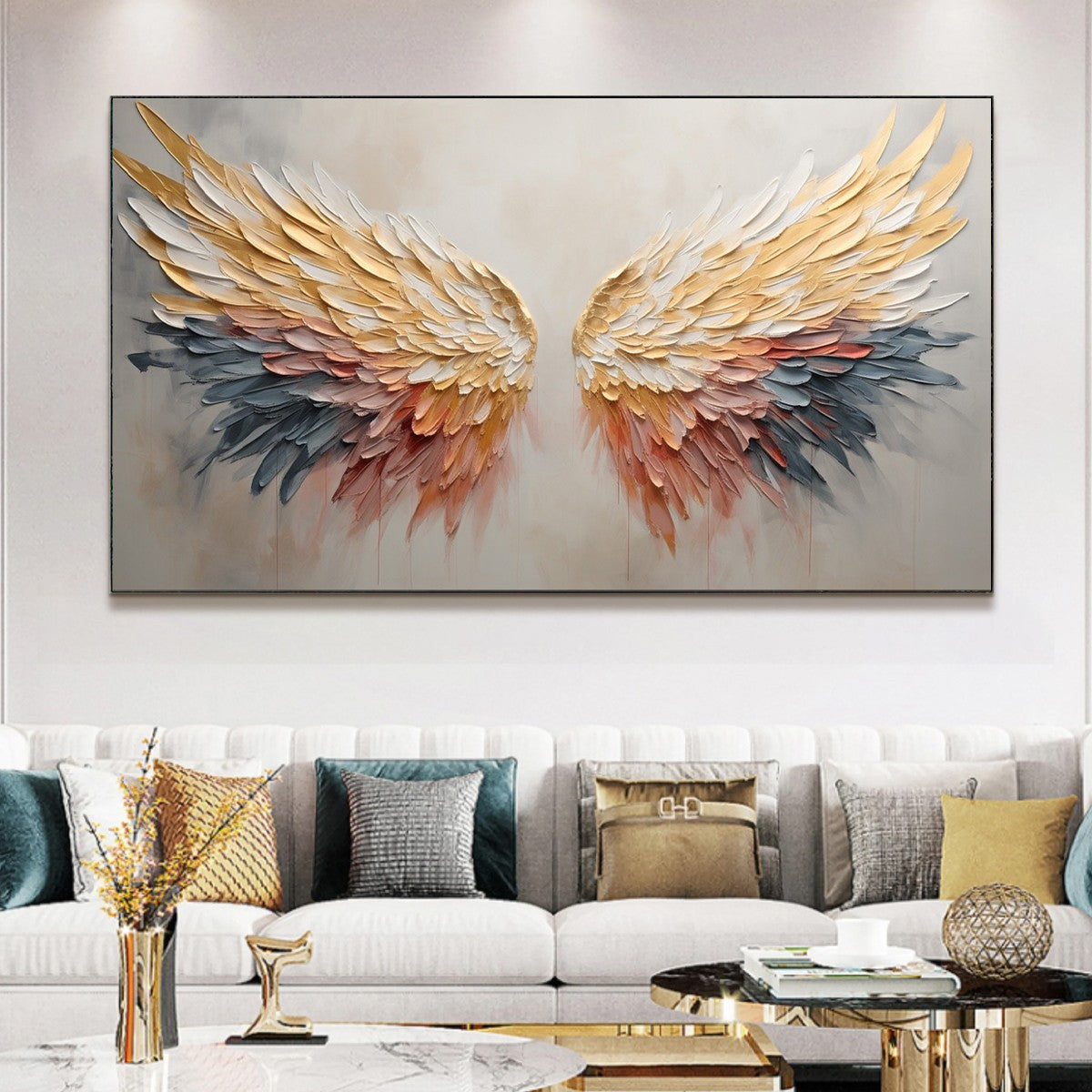 Golden Wings: Panoramic Angel Wings Painting | Textured Wall Art | Gold & Beige | Living Room & Bedroom
