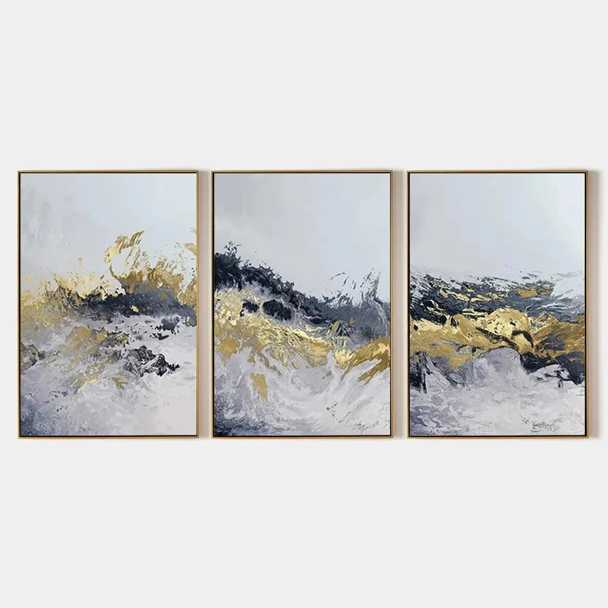 Gold & Grey Abstract Triptych Set of 3 vertical wall art with textured impasto strokes.