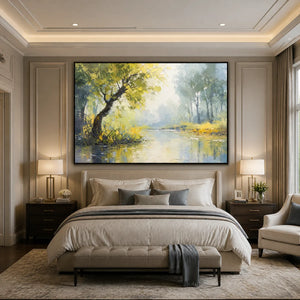 GREEN HAVEN: Green Forest Lake Painting