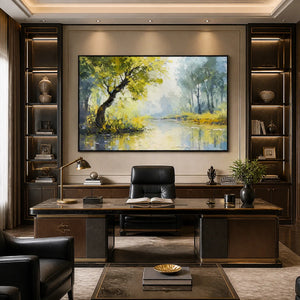 GREEN HAVEN: Green Forest Lake Painting