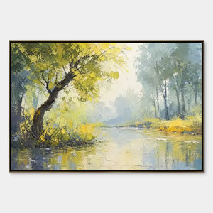 Green forest lake abstract oil painting with bright foliage and soft reflections
