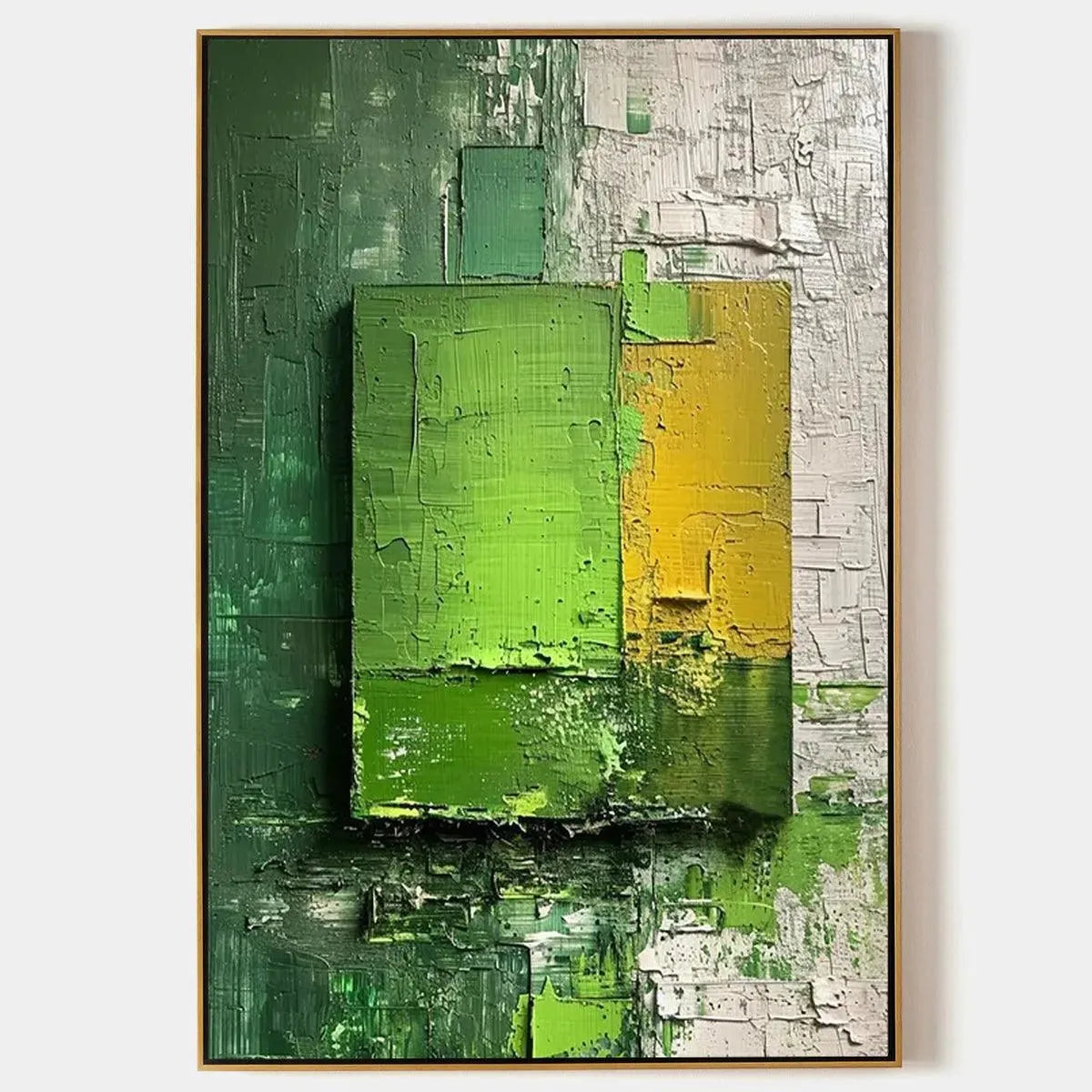 Green and Yellow Textured Blocks by Isabella Rossi, vertical impasto abstract painting, modern wall art
