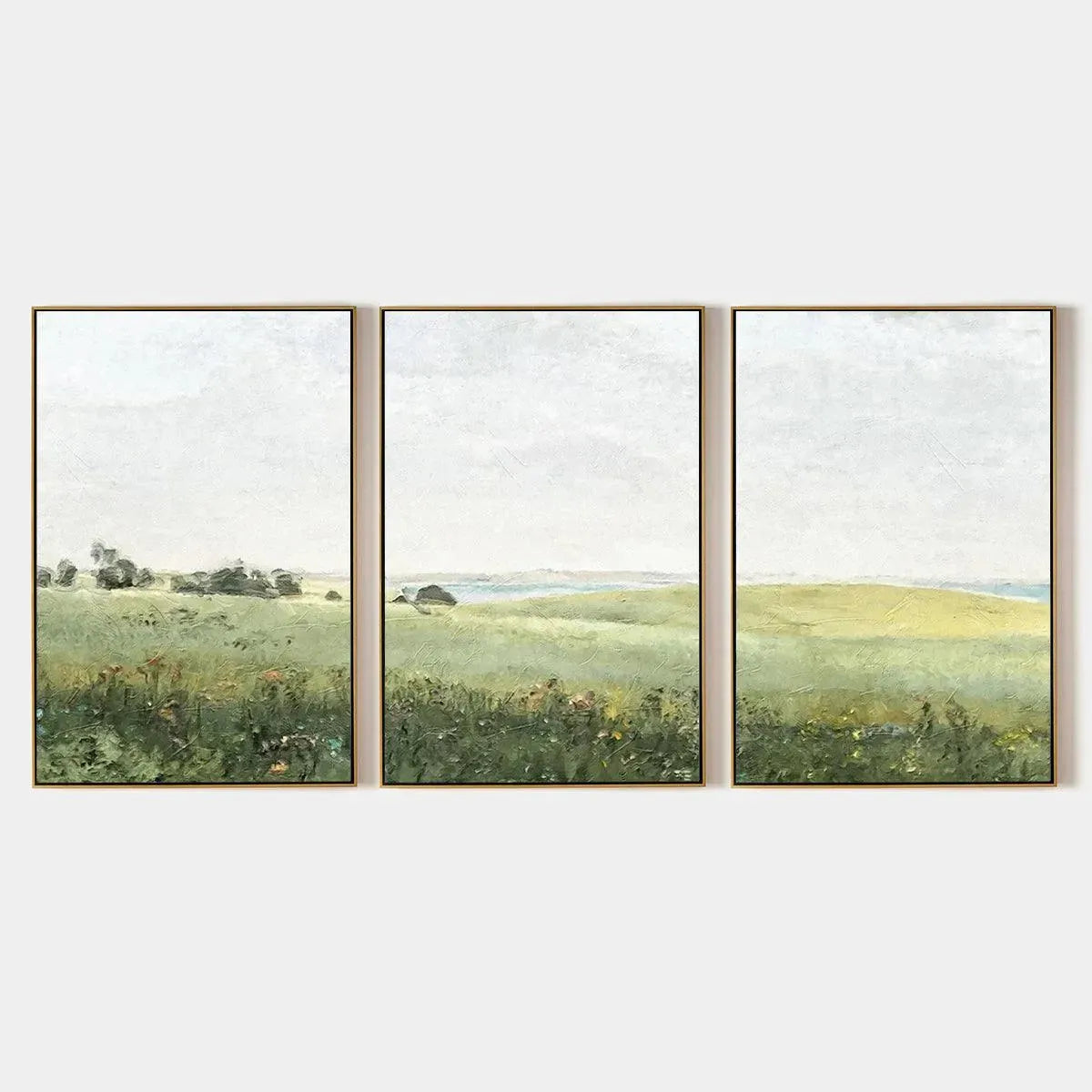 Green Field Triptych: Set of 3 minimalist landscape paintings, muted green tones, rolling fields, gold frames.