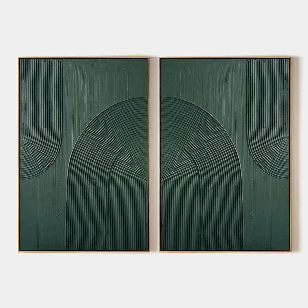 Green Textured Arches Diptych: set of 2 abstract paintings with raised arches and texture, Isabella Rossi.